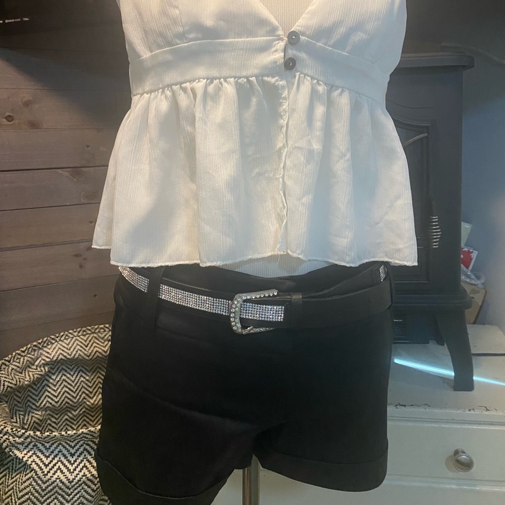 New w/o tags leather cuff dress shorts and skinny strap chiffon shirt.